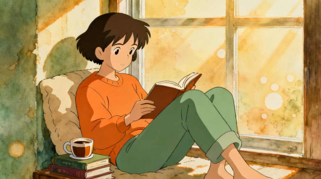 ภาพวาดคนกำลังอ่านหนังสือในมุมสงบข้างหน้าต่าง สื่อถึงบทเรียนเรื่องเงินจาก The Psychology of Money